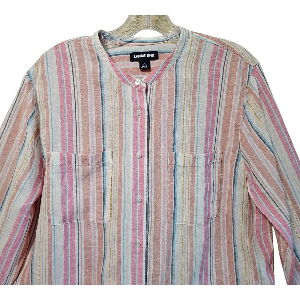 LANDS END Women L 14/16 Linen Tunic Blouse Pastel Vertical Striped Button Up 42" - Picture 2 of 7